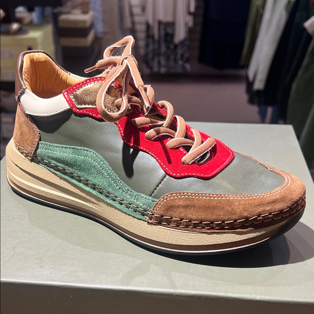 Spring Step Multicolor Leather & Suede Lace-Up Sneaker — Green, Red, Brown